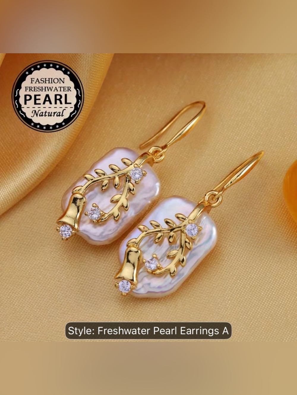 Freshwater Pearl Gold Leaf Drop Earrings - Pink Pearlescent